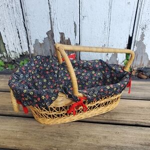 Vintage Wicker Doll Bassinet Lined Basket